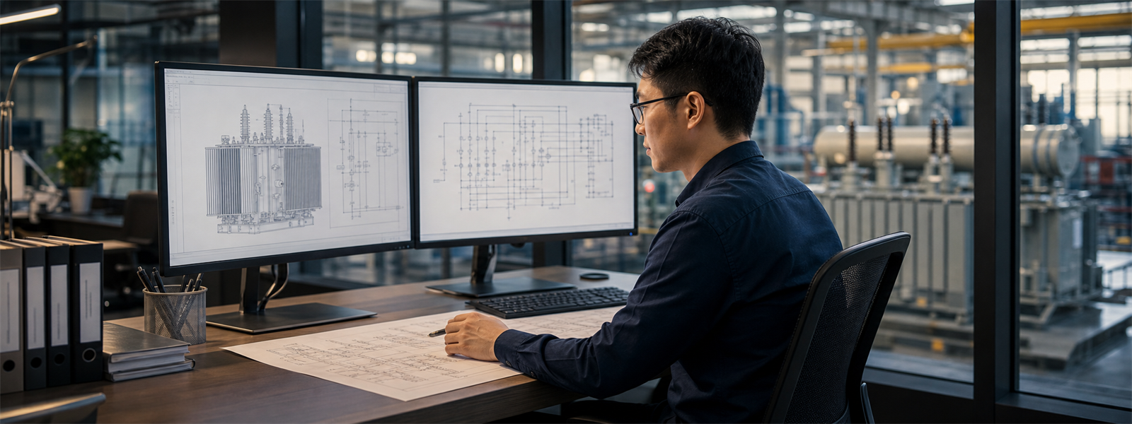 Engineer at workstation selecting transformer specifications