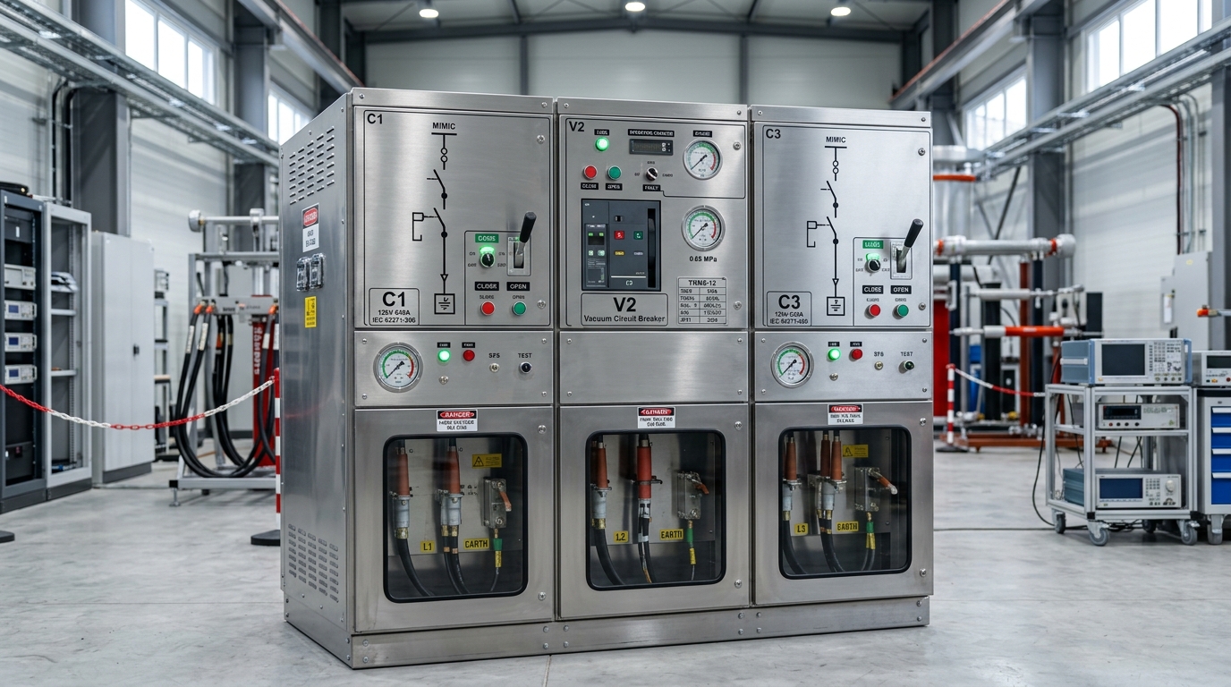 12kV YRM6-12 SF6 Gas-Insulated Switchgear RMU Panel Lineup in Factory Testing Bay