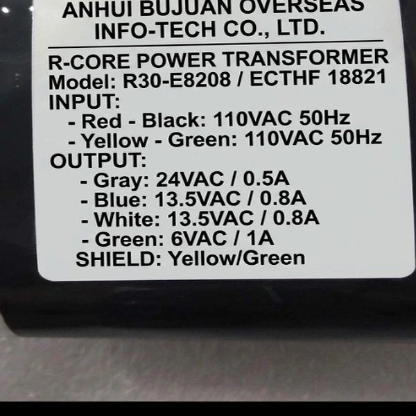 Anhui BuJuan R30-E8208 / ECTHF 18821 Rating Plate Label