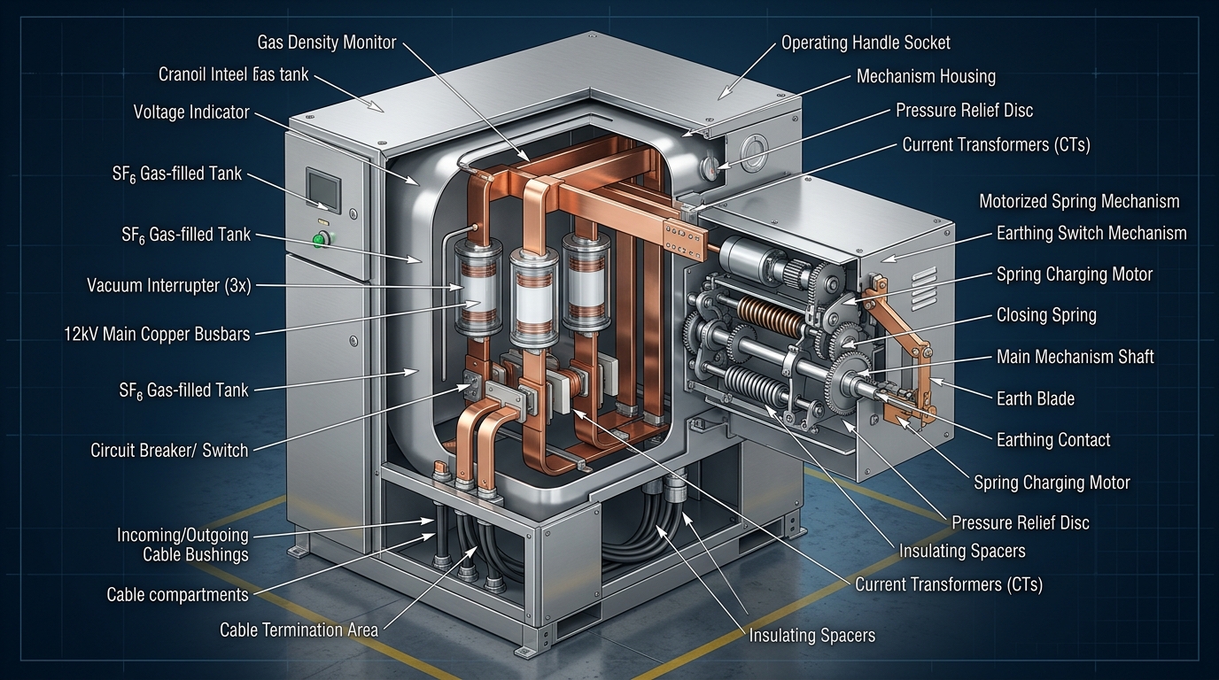 Ring main unit switchgear internal 3D cutaway model