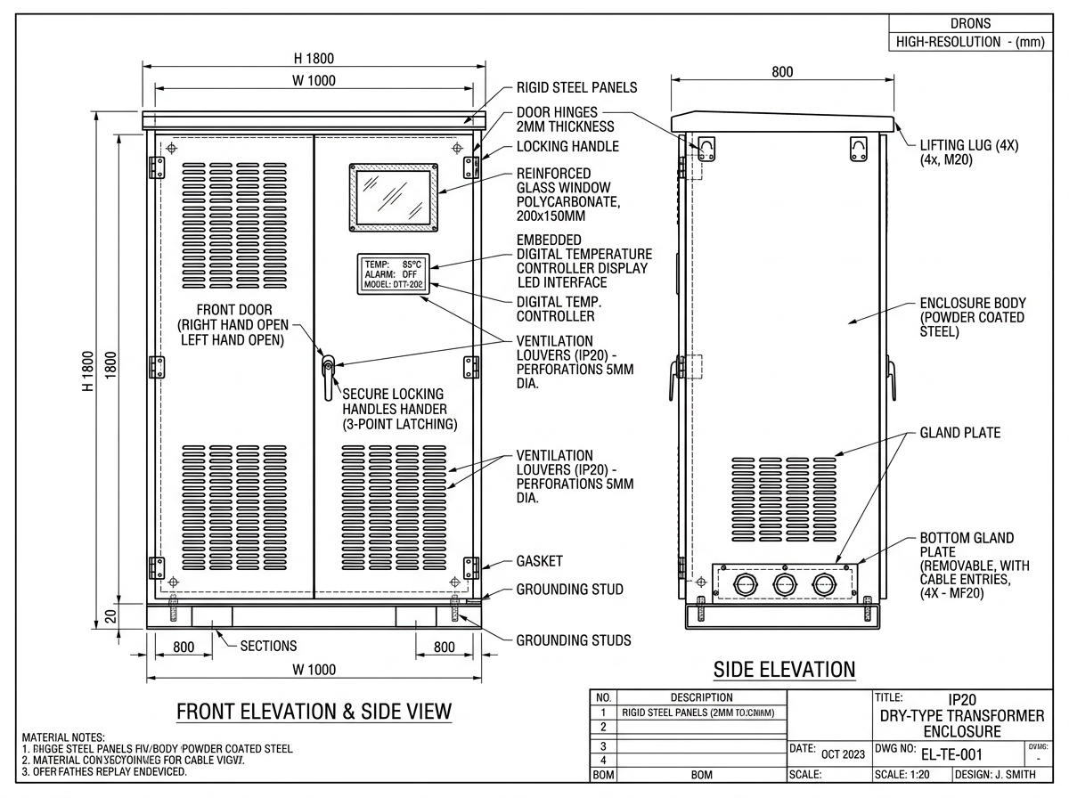 XinHuan Dry-Type IP20 Enclosure Technical Drawing