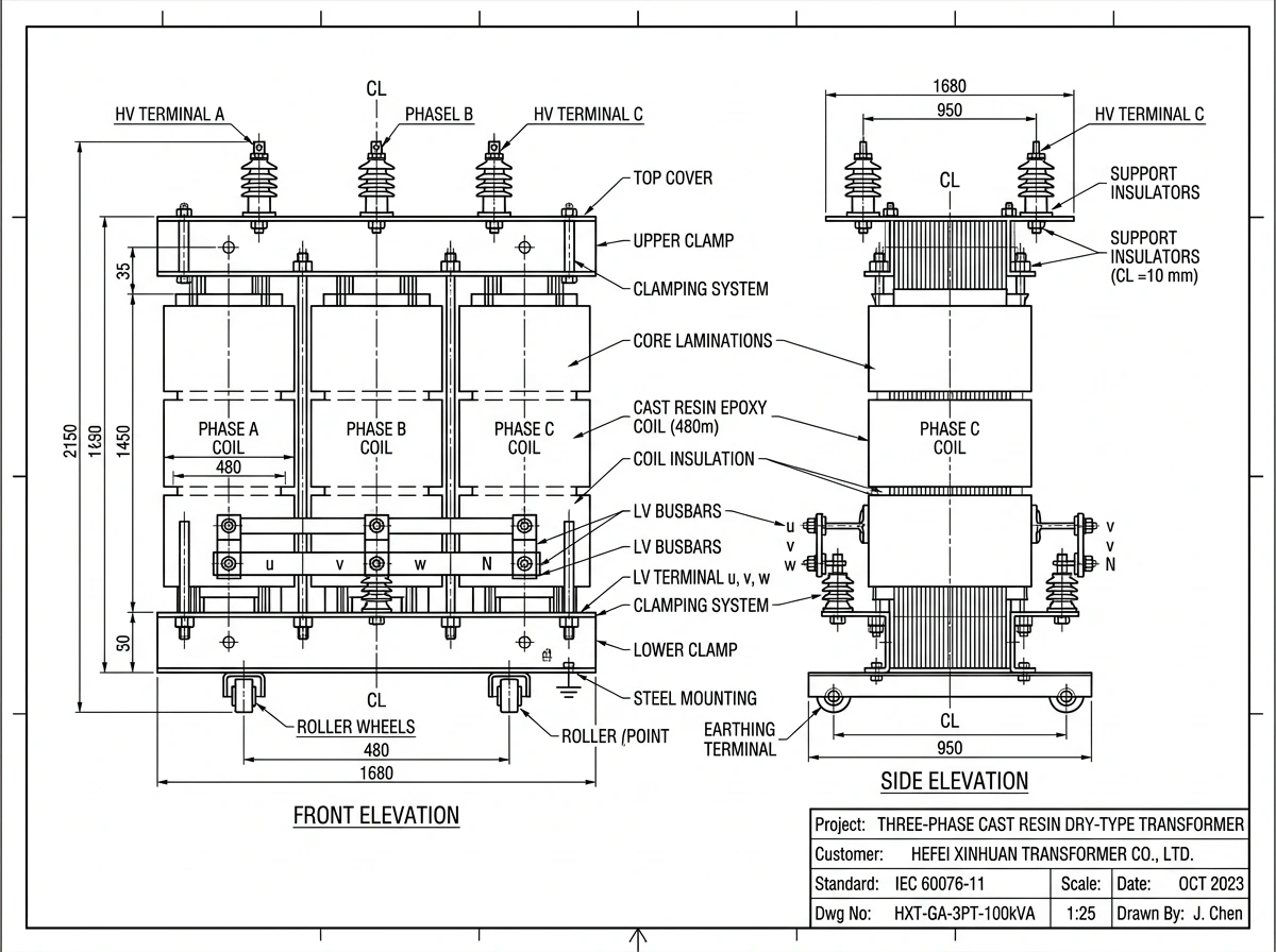 XinHuan Cast Resin Dry-Type Transformer 2D Technical Drawing