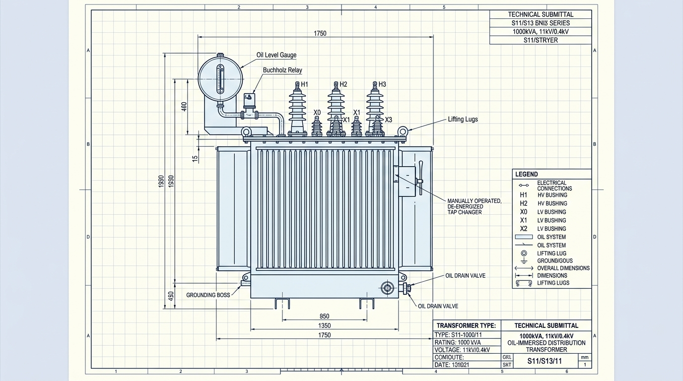 XinHuan 5000 kVA 33kV/11kV Step-Down Three-Phase Power Transformer 2D AutoCAD General Arrangement Drawing Blueprint