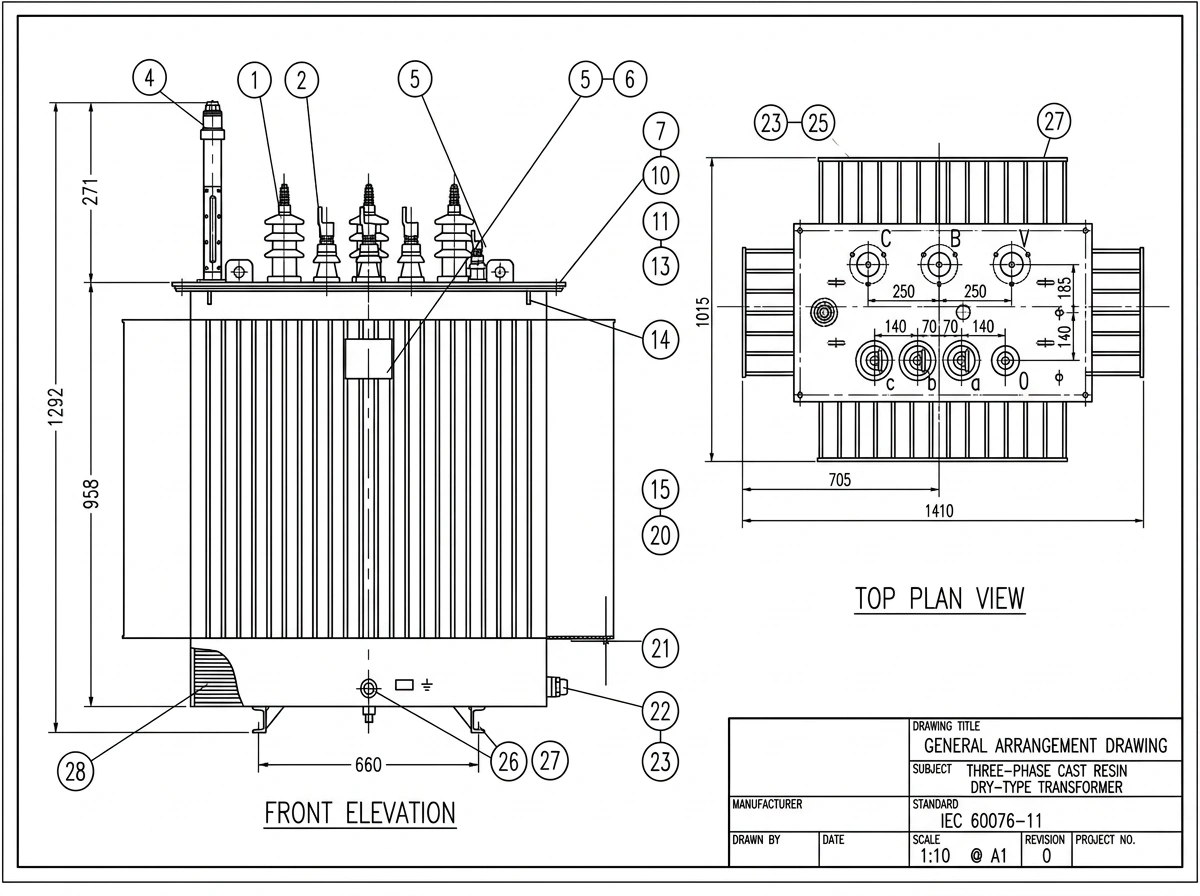 XinHuan Oil-Immersed Transformer 2D AutoCAD General Arrangement Drawing